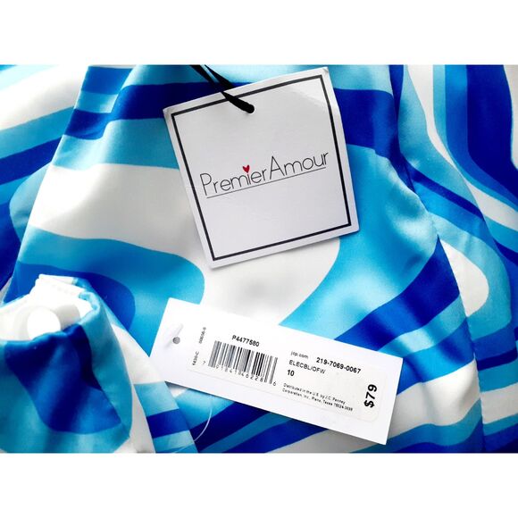 Premier Amour Blue White Prints Halter Fully Lined Cocktail Dress S10 NWT $79 - Picture 11 of 13